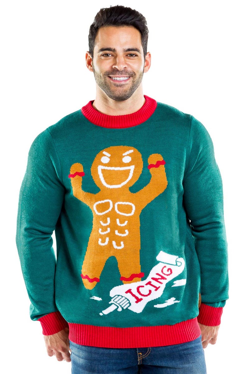 Tipsy Elves Ugly Christmas Sweaters for Men - Colorful and Funny Men's Christmas Sweaters - Hilarious Holiday Pullovers - Men's Green Gingerbread Man Roid Rage Christmas Ugly Sweater Size Large - Image 3